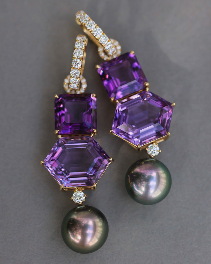 Diamond, Amethyst & Tahitian Pearl Ear Pendants