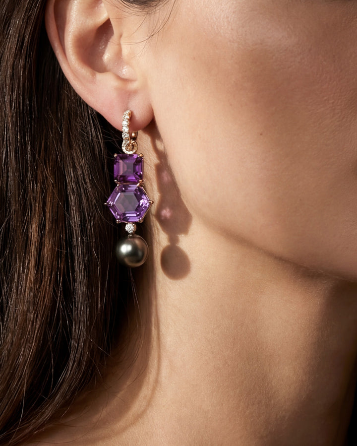 Diamond, Amethyst & Tahitian Pearl Ear Pendants