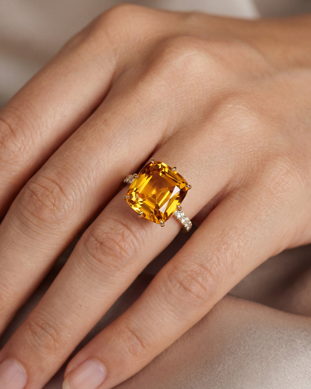 Antique Cut Citrine & Diamond Ring